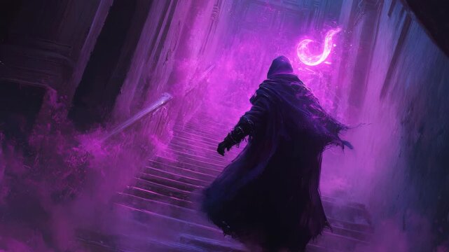 Mysterious Hooded Figure Ascending Purple Stairs