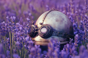 Lavender flower field with rich purple antique steampunk helmet