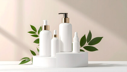 Minimalist Display Organic Skincare Bottles on a White Pedestal with Leaf Accents