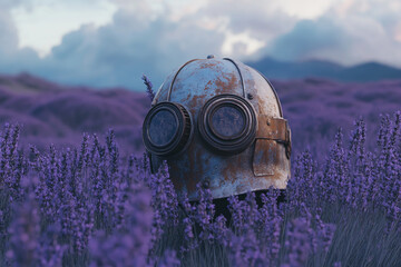 Lavender flower field with rich purple antique steampunk helmet