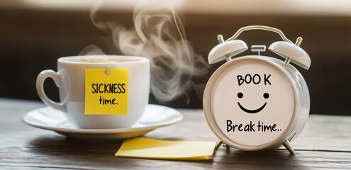 White alarm clock with "Book Sickness" written on it and a smiley face, note with "Break Time" written next to a coffee cup, warm blurred background
