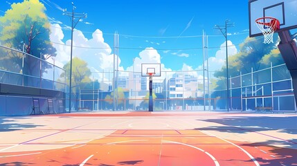 A scenic view of an outdoor basketball court with a clear blue sky backdrop, perfect for a game of basketball
