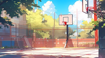 A basketball court on a sunny day, surrounded by trees. The view showcases the court under a clear blue sky.
