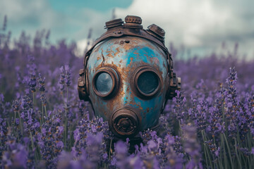 Lavender flower field with rich purple antique steampunk helmet