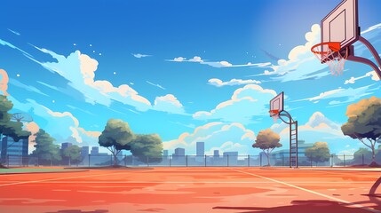 A sunny basketball court with a beautiful sky background