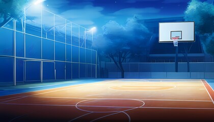 A basketball court at night, inviting players to enjoy a game under the stars. The scene is illuminated by stadium lights, and the basketball hoop stands ready
