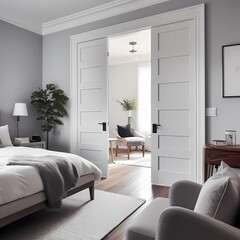 A modern and stylish bedroom interior, with elegant double doors leading to a cozy sitting area. The room features a bed, a plant, and an armchair. The neutral color palette creates a sense of peace.