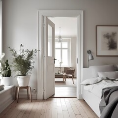 Elegant and cozy bedroom with natural light and minimalist decor, featuring a doorway, plants and wooden floors. This creates a serene and inviting atmosphere