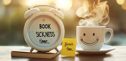 White alarm clock with "Book Sickness" written on it and a smiley face, note with "Break Time" written next to a coffee cup, warm blurred background