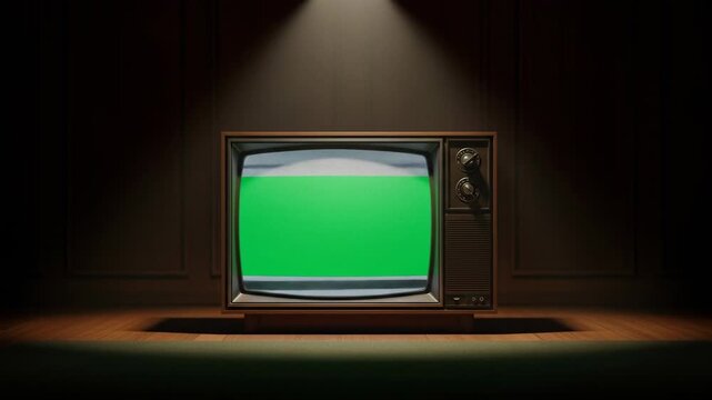 Retro Television Set with Green Screen Display in Dark Room Setting