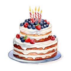 A delectable layered cake adorned with fresh berries and lit candles, perfect for celebrating a special day
