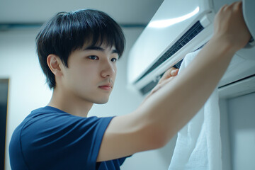 Young Asian man wearing blue t-shirt cleaning air conditioner with white cloth, close-up side view while inspecting unit with hands, white background