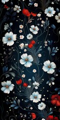 A delicate and intricate floral pattern featuring elegant white and red blossoms against a deep, dark background.