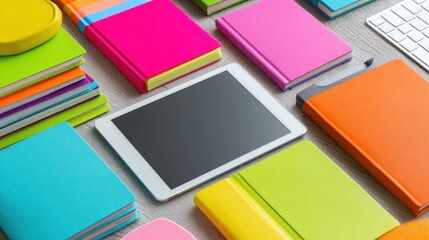 Colorful Desk Setup With Notebooks and Digital Tablet for Creative Work and Organization
