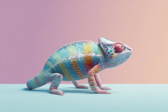 Chameleon changing colors against a soft pastel background.