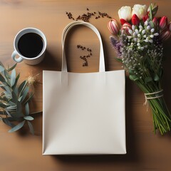 A minimalist composition featuring a blank tote bag, coffee, flowers, and coffee beans