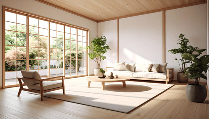 Serene Japandi-style modern living room interior with a clean neutral palette, wood textures, and plants