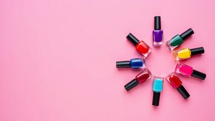 Bright and Colorful Nail Polish Bottles Arranged in a Circle on a Pink Background Vibrant and Playful Cosmetics Concept