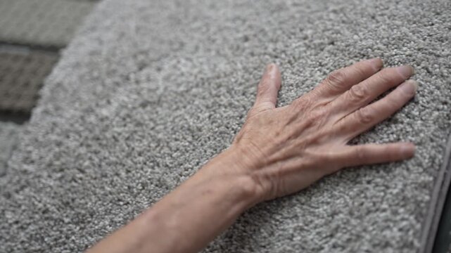 Elderly woman using a walker explores a hardware store for home remodeling supplies, focusing on different carpet samples as she plans her home project.