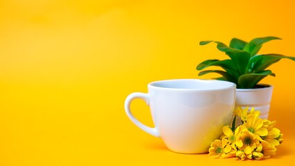 Bright Yellow Studio Shot Featuring a White Mug Green Plant and Yellow Flowers Product Photography Backdrop