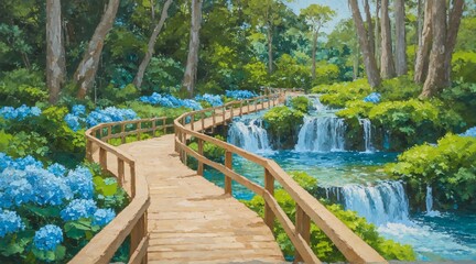 Fototapeta premium Beautiful oil painting of a serene natural landscape with a wooden path, blue hydrangeas, and clear waterfalls amidst lush green foliage