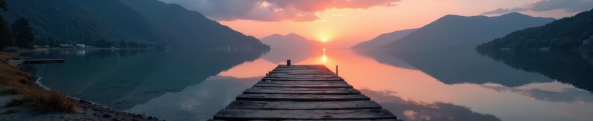 Obraz premium Ancient weathered dock on glassy lake at dawn , serene, landscape