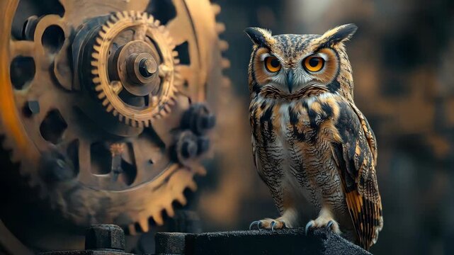 Owl Perched Near Steampunk Gears in Industrial Setting
