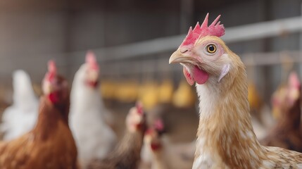 Close-up a brown hen with detailed feathers and sharp eyes, standing in a poultry farm. Perfect for concepts related to agriculture, poultry farming, food production, and rural community life.