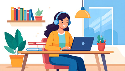 Smiling Woman Engaged in Online Learning or Remote Work from Home. Flat Vector Illustration of Modern Distance Education and Flexible Professional Lifestyle.