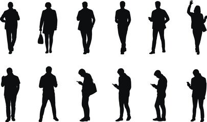 Business people silhouettes walking, standing, using smartphones, casual and formal posture, diverse urban professionals, communication, mobile technology, modern lifestyle