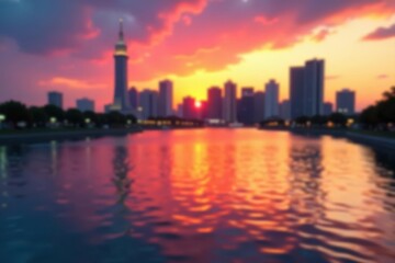Fototapeta premium Blurred cityscape, sunset reflection, water ripples, purple, light