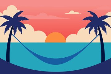 Obraz premium Tropical sunset hammock between palm trees over the ocean