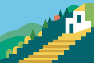 Fototapeta premium Abstract hillside landscape with stairs and white house