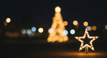 Star Topper Shines Brightly Against a Blurred Tree A Festive Holiday Scene with a Glowing Star and Bokeh Lights in the Background on a Dark Evening