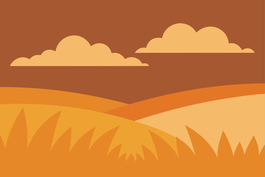 Stylized autumn landscape with rolling hills and clouds