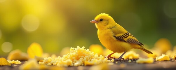 Bright yellow Sicalis flaveola enjoys rice breakfast, warm spring light , bird, Brazil