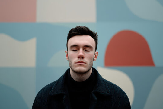 young man with flared nostrils inhaling deeply against backdrop of abstract minimalist art