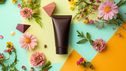 Chocolate colored body cream in brown paper tube on colorful floral and geometric plain background