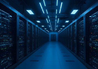 Visualization Concept of Internet of Things, Data Flow, Modern Data Technology Center Server Racks in Dark Room with VFX. Digitalization of Internet Traffic. Complex Electric Equipment Warehouse. Ai