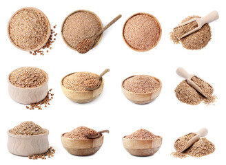 Buckwheat bran isolated on white, set. Top and side view