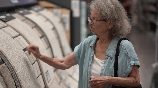 An elderly senior woman inspects flooring options in a hardware store while using a walker. She is focused on choosing the right materials for home remodeling.