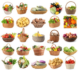 Many different fresh vegetables in wicker baskets isolated on white, set