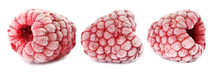 Many frozen raspberries isolated on white, set