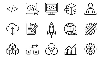 Technology and business icons including code cloud rocket and graph coding computer