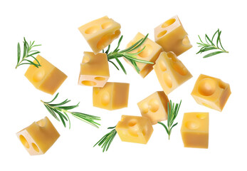 Cheese cubes and rosemary falling against white background