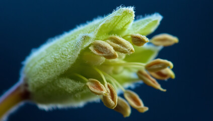 A close-up of a green bud opening, showing the blooming petals and seeds.