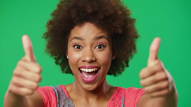 Energetic woman showing double thumbs up
