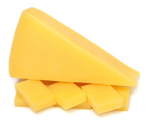 Hard cheese whole and slices isolated on white background