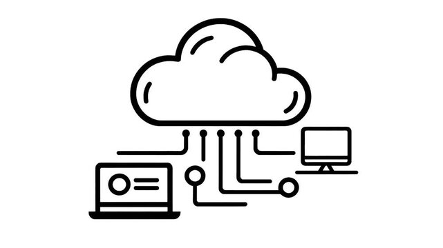 2D black creative thin line animation of cloud server icon, HD video with transparent background, seamless loop video representing cloud computing.