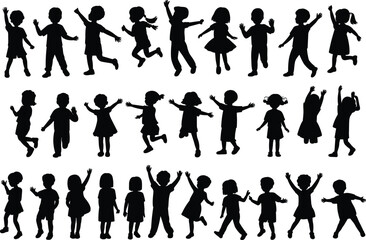 Silhouette children dancing, happy kids jumping, child playing pose, energetic children, fun activity, childhood movement vector illustration